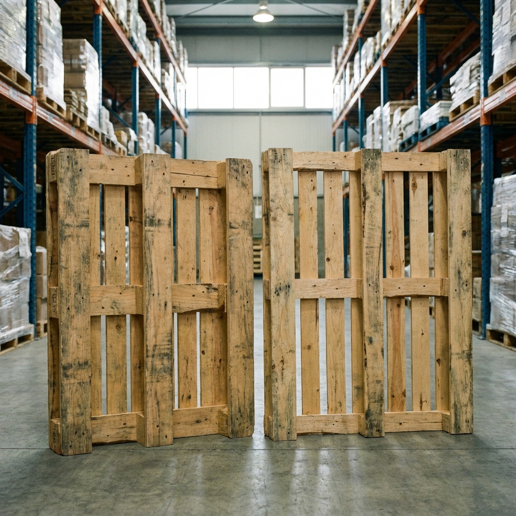 Stack of block and stringer pallets in a warehouse setting
