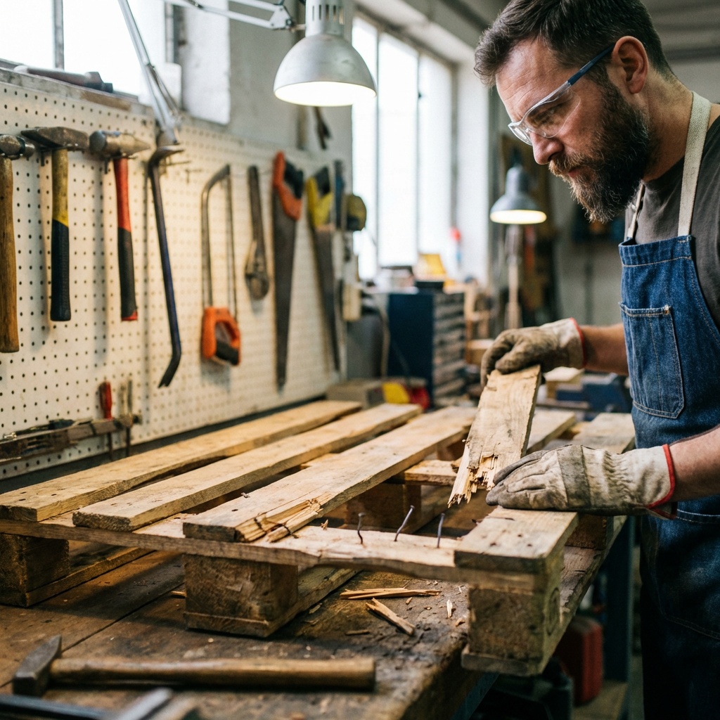 Pallet technician inspecting a wooden pallet's stringers for damage