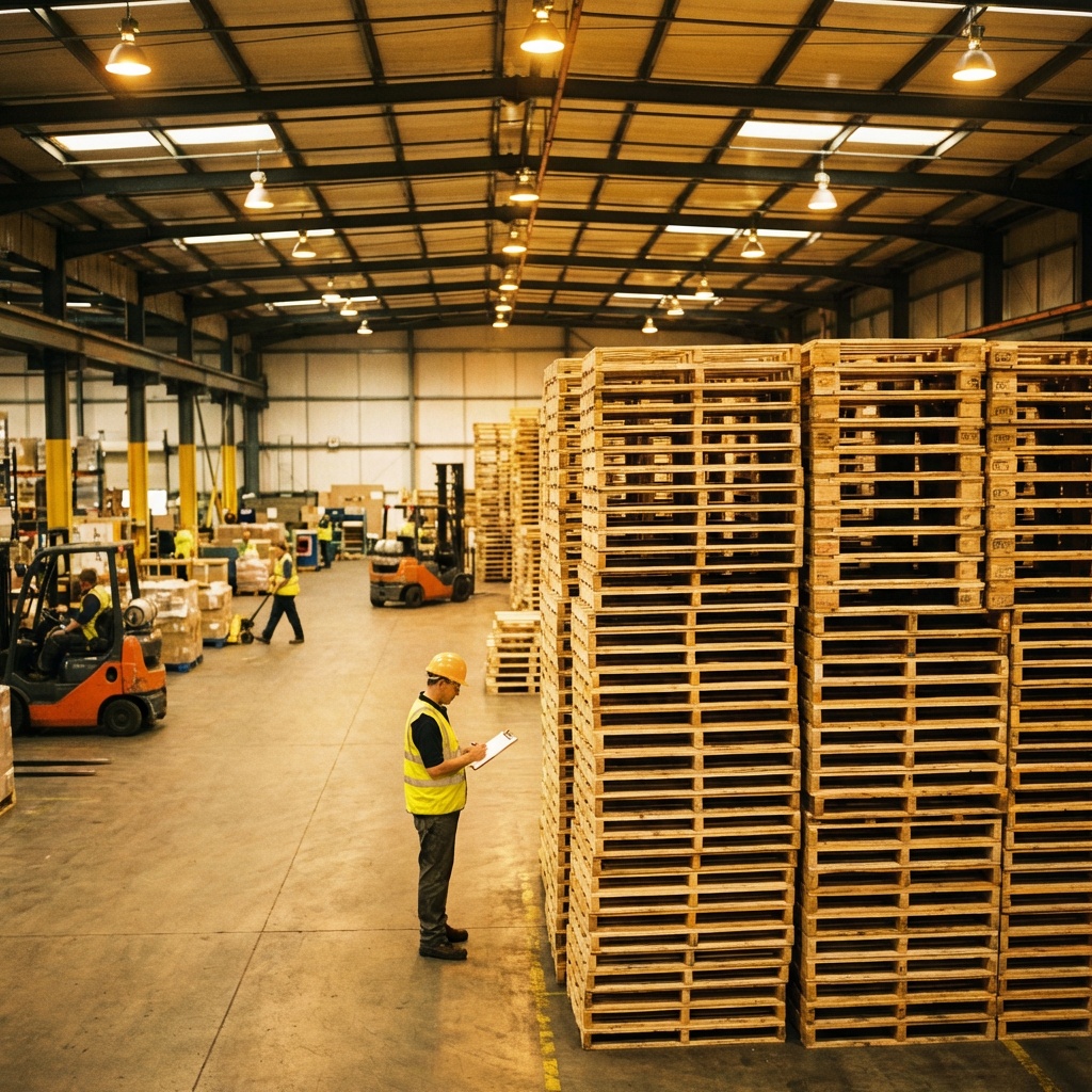 Forklift operator moving stacked pallets in a distribution center